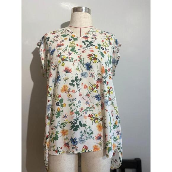 Pleione Tops - Pleione Ivory Floral Cap Sleeve Blouse Women's M
